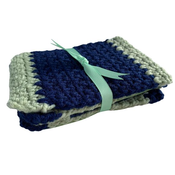 Mug Rugs Coasters Handmade Crochet Navy Blue Green Vinyl Back Set of 4 - Picture 10 of 11